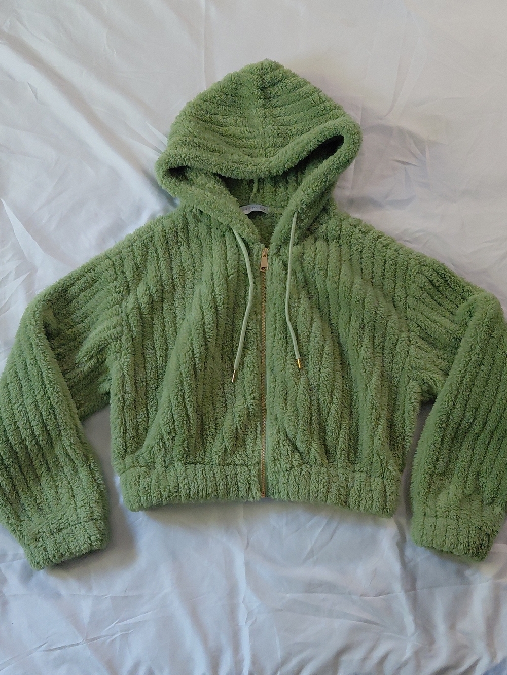 Love Poem By Block Green Ribbed Cropped Sherpa/Teddy Zip- Up Hoodie S